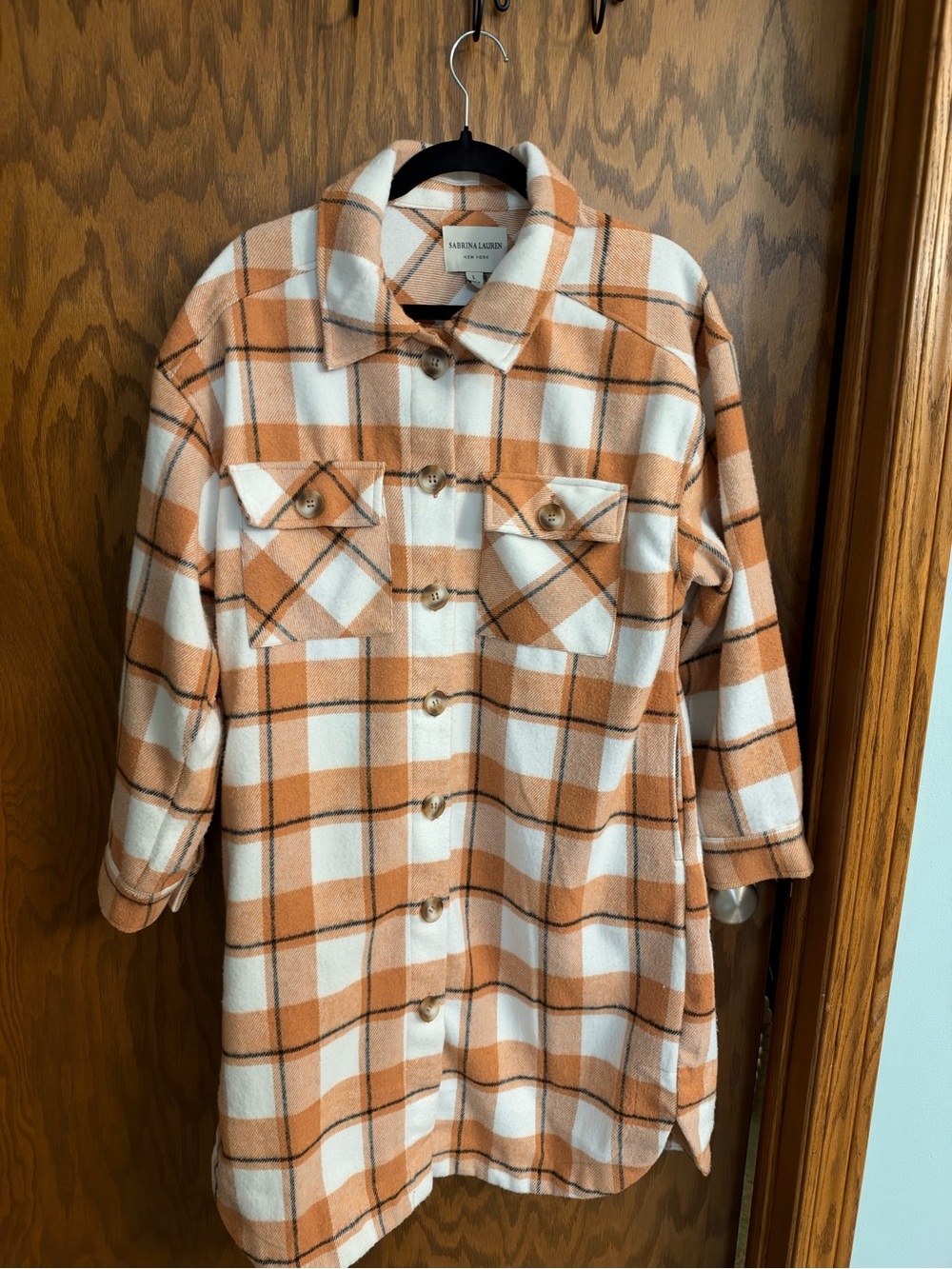 Fall Plaid Shacket Size Large Long Oversized Button Front